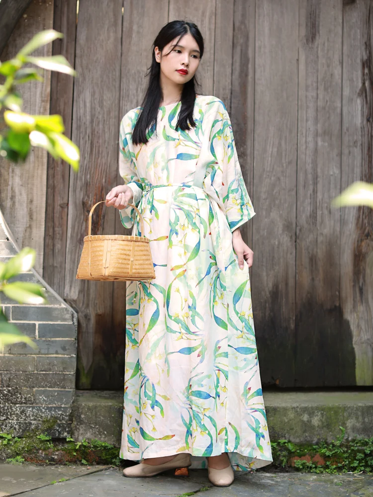 

Элегантный летний халат из лиоцелла и льна больших размеров с ретро-принтом, одинарный слой, с поясом, приталенный, длинный