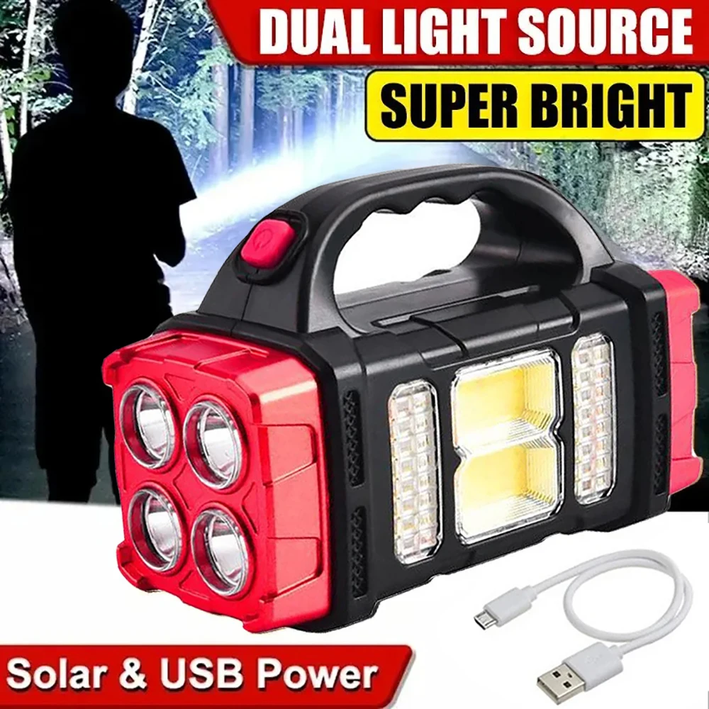 Portable Powerful USB Rechargeable Flashlight Solar LED Light With COB Work Light 4 Gear Charge Mobile Phone Camping Lamps