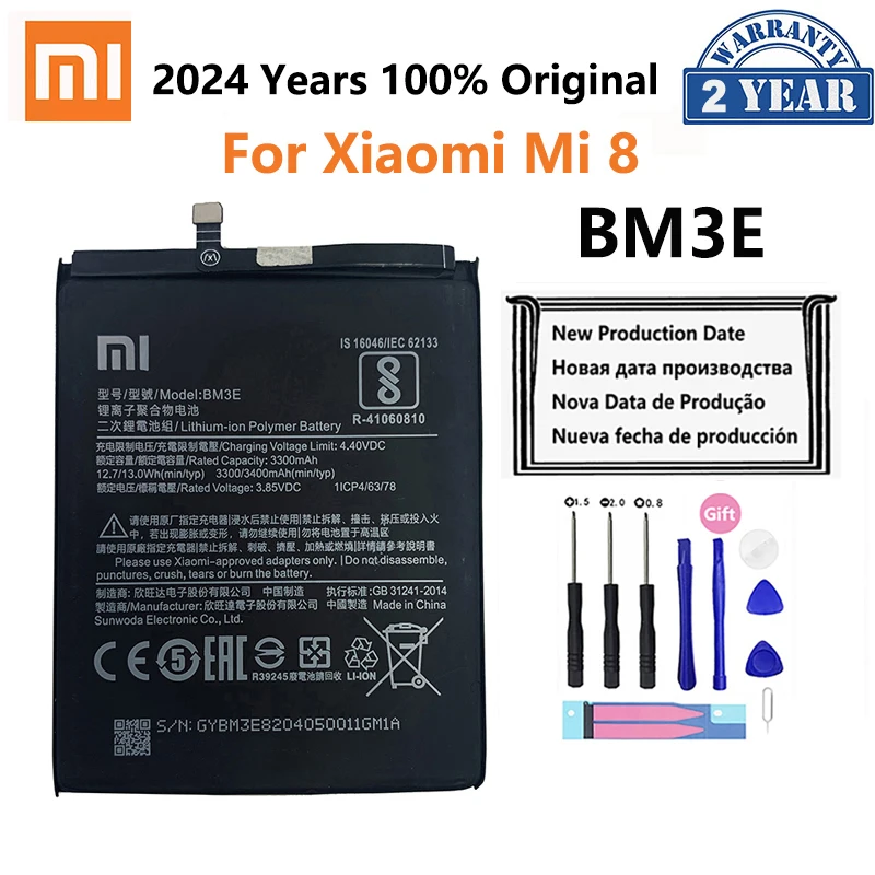 100% Original  Phone Battery BM3E For Xiaomi Xiaomi8 Mi 8 Mi8 M8 Real 3400mAh High Quality Batterie Bateria + Free Tools