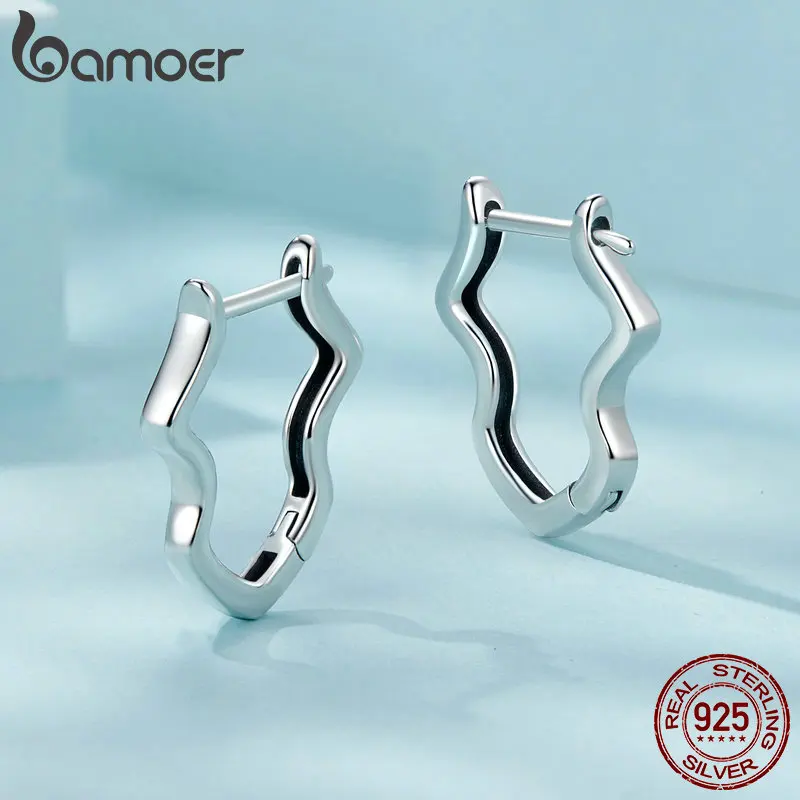 Bamoer 100% 925 Sterling Silver Wave Ear Buckles Retro Simple Hoop Earring for Women Anti-allergy Fashion Jewelry