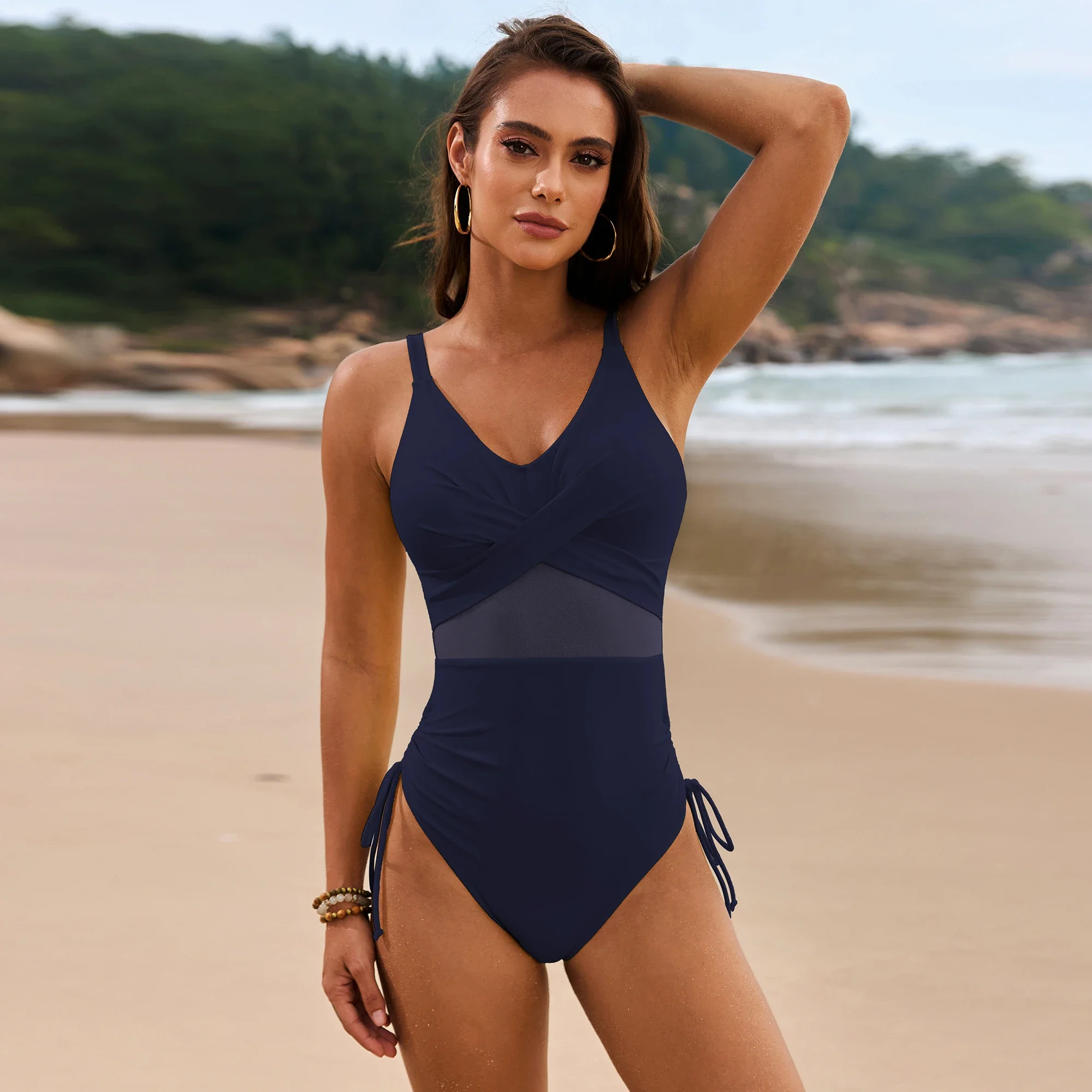 2025 new solid color mesh drawstring one-piece swimsuit