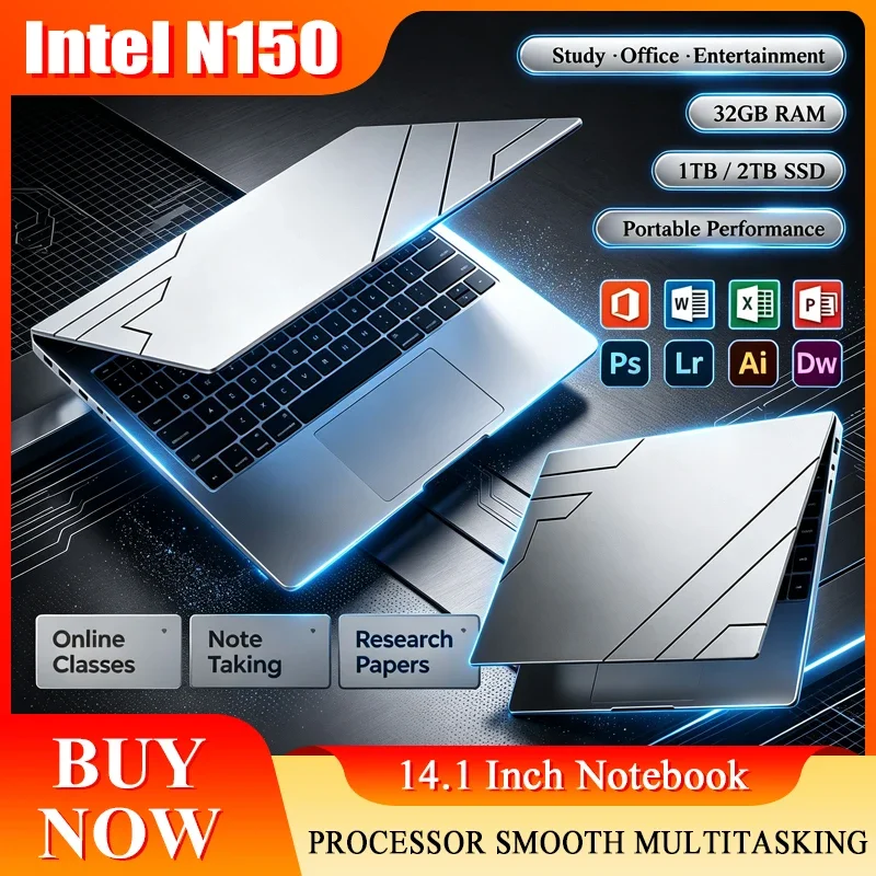 New 14.1'' Laptop Intel Core N150 32GB 2TB Gaming PC Ultra Slim Office Study Computer PC Windows 11 Pro 1920*1080 HD