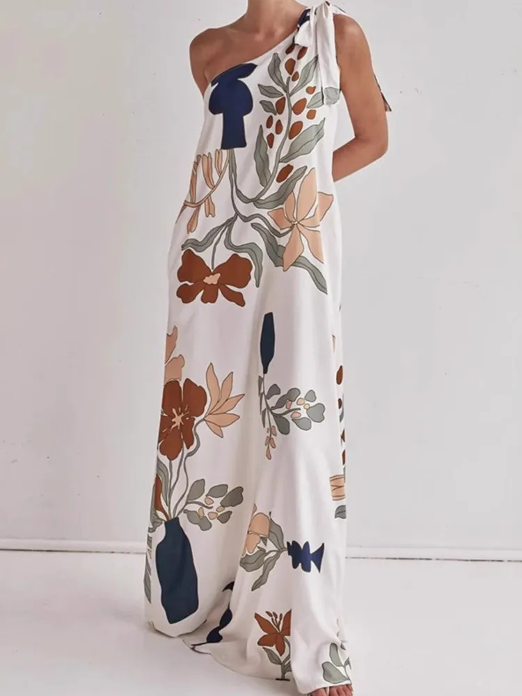 

Boho Print Loose Dress For Women Fashion Sleeveless Off Shoulder Dresses Robe Femme Casual Holiday Beach Womens Clothing Summer
