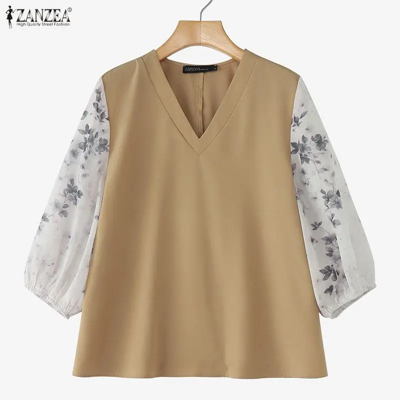 Vrouwen Zomer Patchwork Blouse 2025, ZANZEA Elegant Office Shirt Stijlvol Casual V-hals 3/4 Mouw Tuniek Tops Vrouwelijke OL Werk Blusas