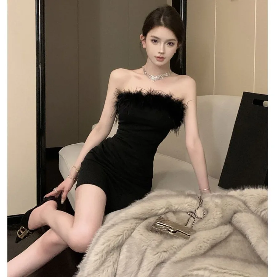 

【New style】Royal sister style high-quality beautiful super beautiful fluffy tube top one-shoulder dress slim hip small dress sp