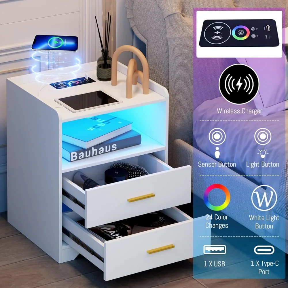 منضدة ذكية حديثة مع مصابيح LED بيضاء، ومحطة شحن، وإضاءة RGB ذات 24 لونًا، تتميز بإضاءة مستشعر بشري لجانبنا