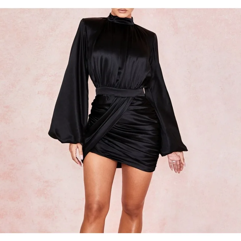 

2025 Spring Solid Color Lantern Sleeve Hip Wrap Women's Long Sleeve Irregular Dress