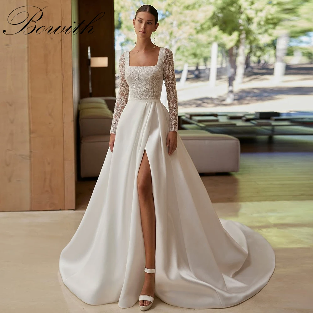 

Bowith Luxury Lace Wedding Dresses Square Collar Long Sleeves High Slit vestidos de novia 3D Flower Chapel Train Bridal Gown