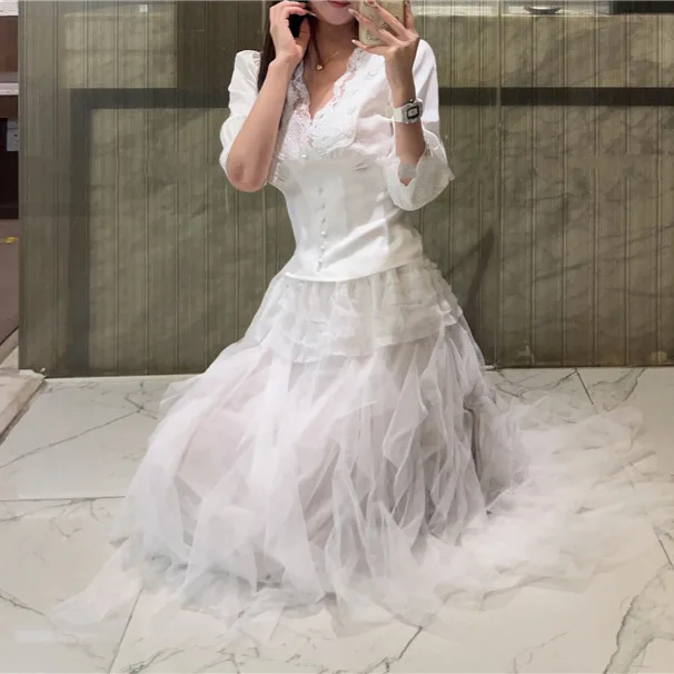 

8112 Half Summer New Elastic Waist Multi-Layer Mesh Irregular Patchwork Lined Design Mid-Length Skirt