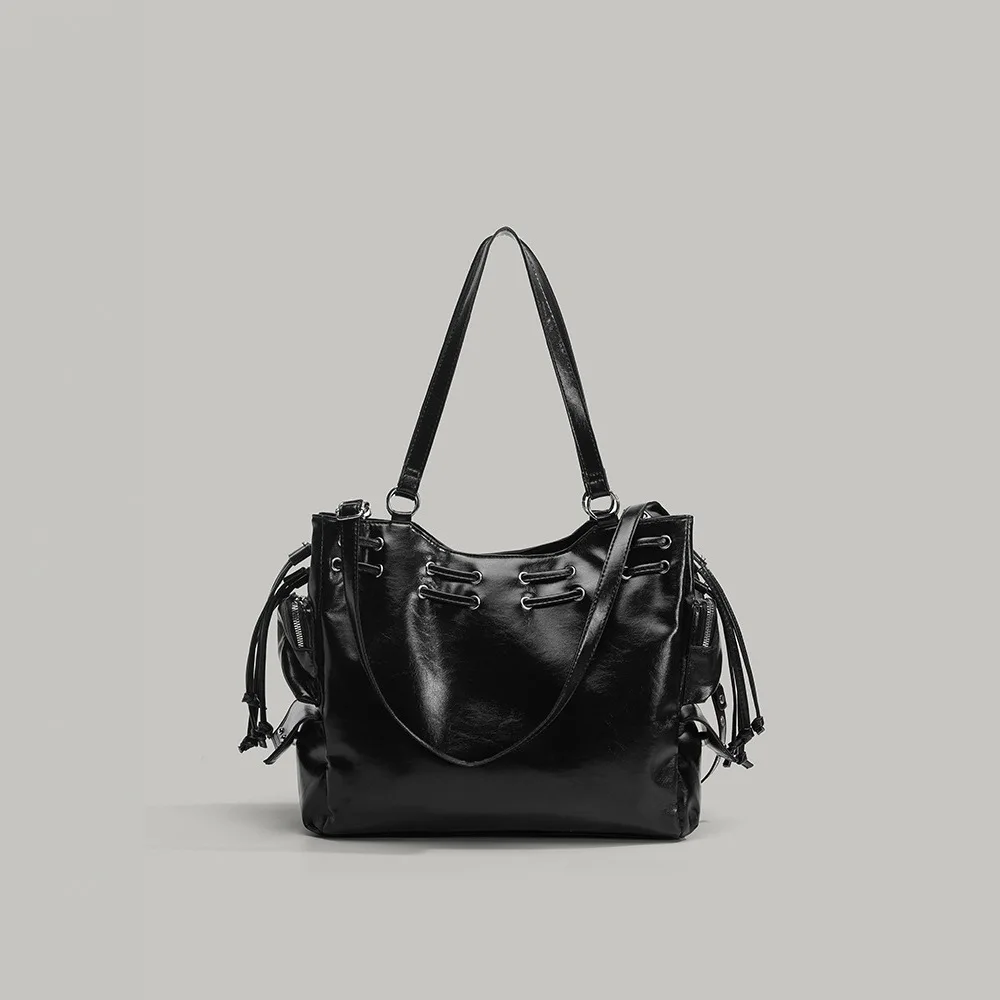 Y2K Hot Girl Single Shoulder Bag Vintage Crossbody Tote Bags Retro PU Leather Motorcycle Bag Large Capacity Multi Pocket Handbag