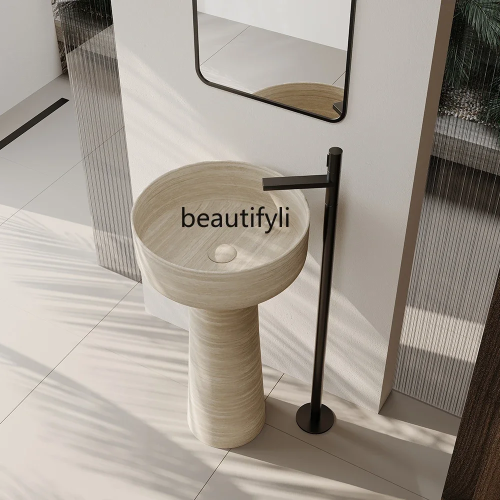 

Medieval style artificial beige travertine hotel villa clubhouse bathroom integrated floor wash hand wash face column basin
