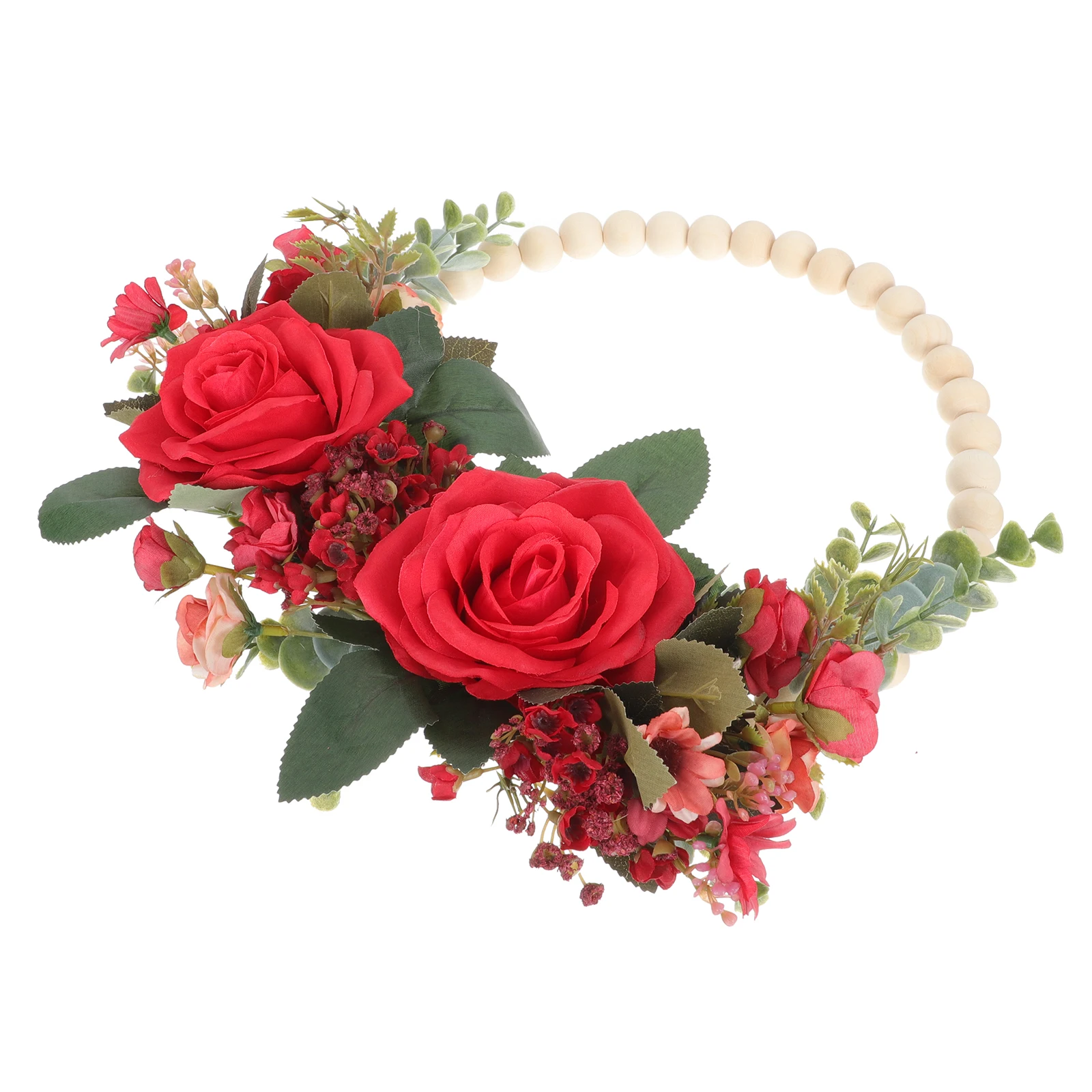 

Simulated Wooden Bead Rose Wreath Decorative Flower Spring Floral Front Door Wall Pendant Artificial Plastic Garland Home Party