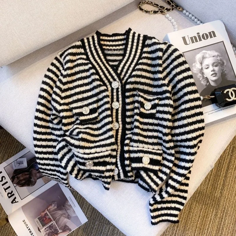 

Casual Retro Knitted Cardigan Women Top 2023 Spring Top Stripe Short Design Sweater Long Sleeve Cardigan Sweater Female Coat