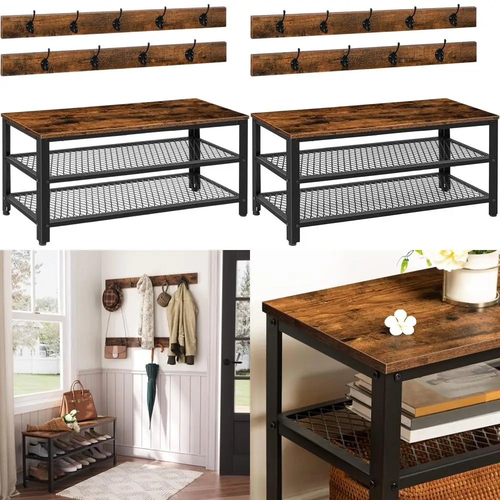 

3-in-1 Rustic Brown Wooden Entryway Bench with Coat Rack and Shoe Storage