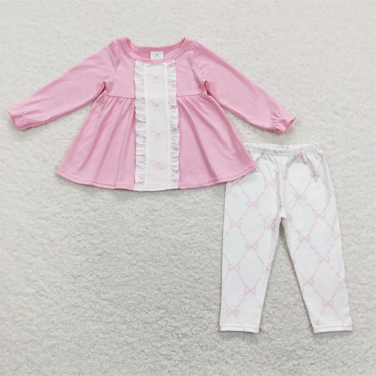 Wholesale Baby Girl Cotton Long Sleeves Outfit Children Pink Ruffle Tunic Toddler Set Bows Leggings Pants Kid Two Pieces Clothes