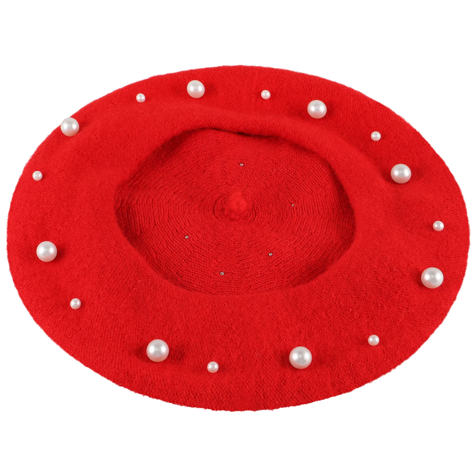 Women's Pearl Beret Autumn Cashmere Luxury Heavy Work Beret Beaded Pearl Rivet Wool Beret Free Size (Red)