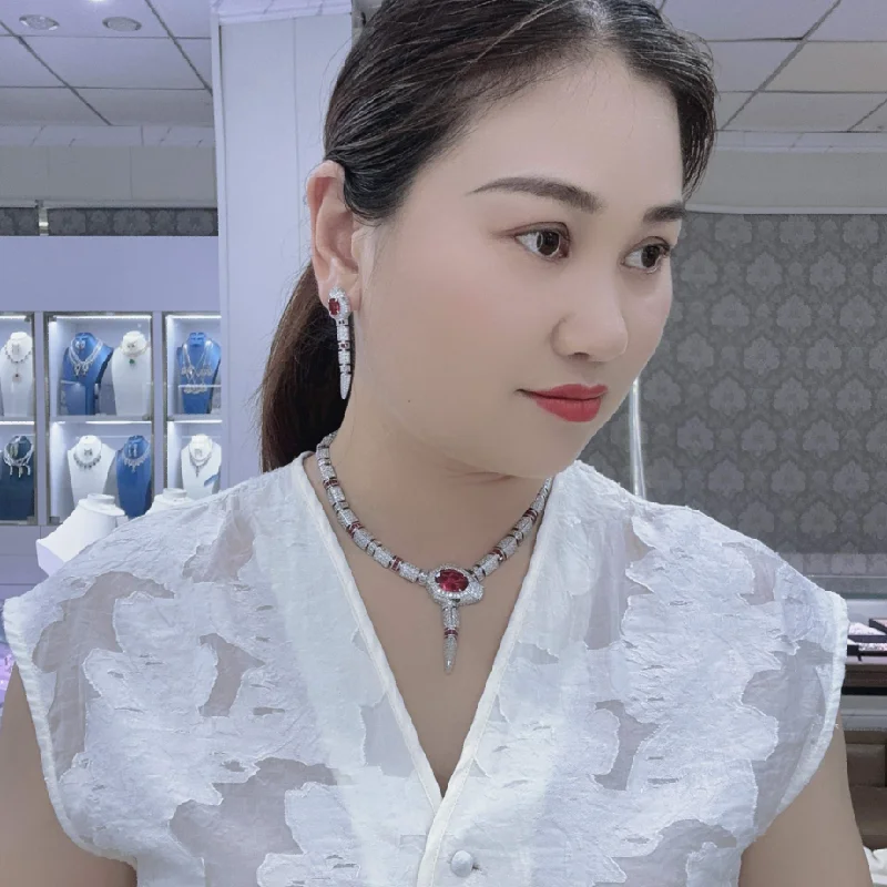 Designer Necklace Earrings Women Lady Inlay Cubic Zircon Synthetic Oval Sapphire Emerald Snake Snakelike Choker Jewelry Sets