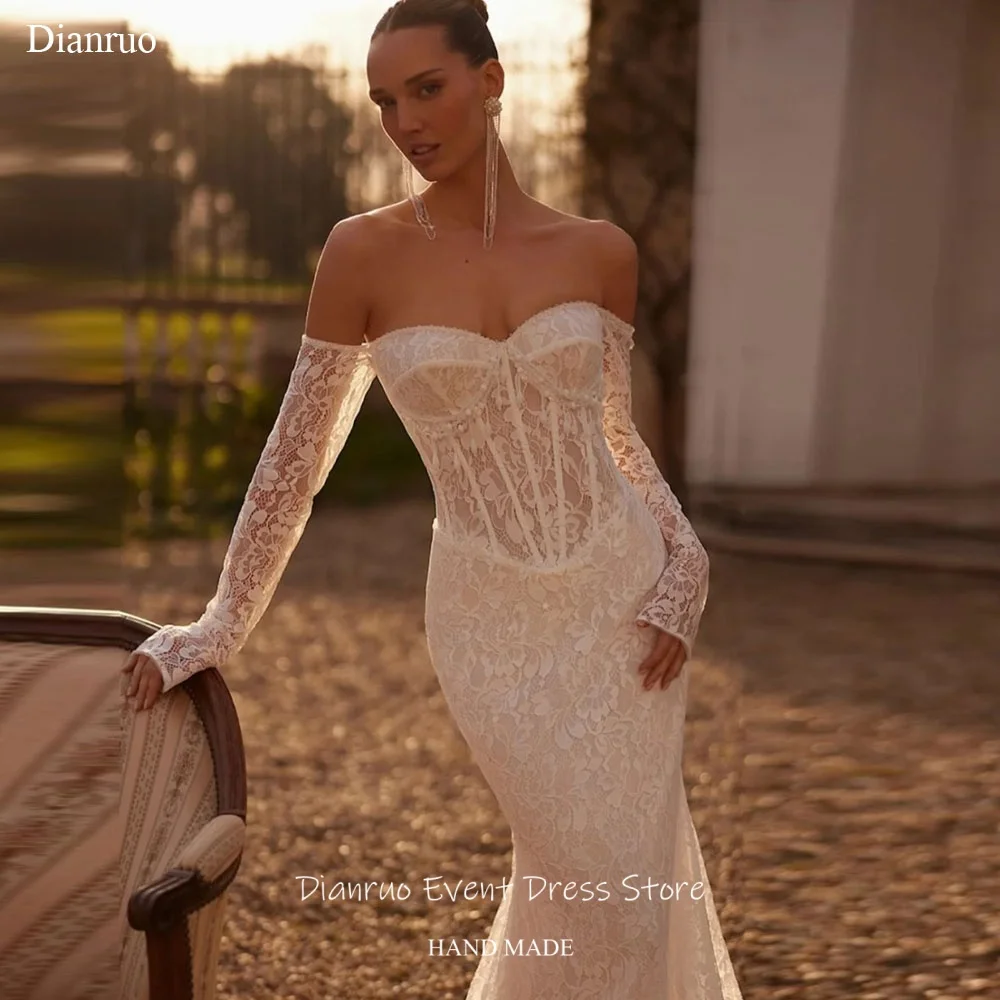 Dianruo Luxury Lace Appliques Wedding Dresses Off Shoulder Mermaid Vestido Novia Civil Long Formal Robe De Mariée Customized