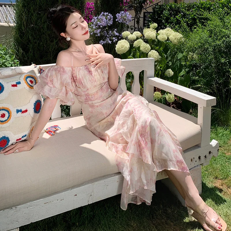 فستان نسائي صيفي فرنسي مثير بأكمام منتفخة ومطبوع فساتين طويلة بقصة ضيقة بدون ظهر قميص مزهّر ملابس Coquette Y2k