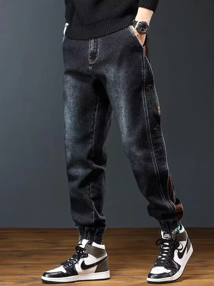 Calças de Trabalho Estilo Americano, Novas, Pesadas, com Recortes, Moda Casual Masculina de Outono, Jeans de Denim com Punhos...