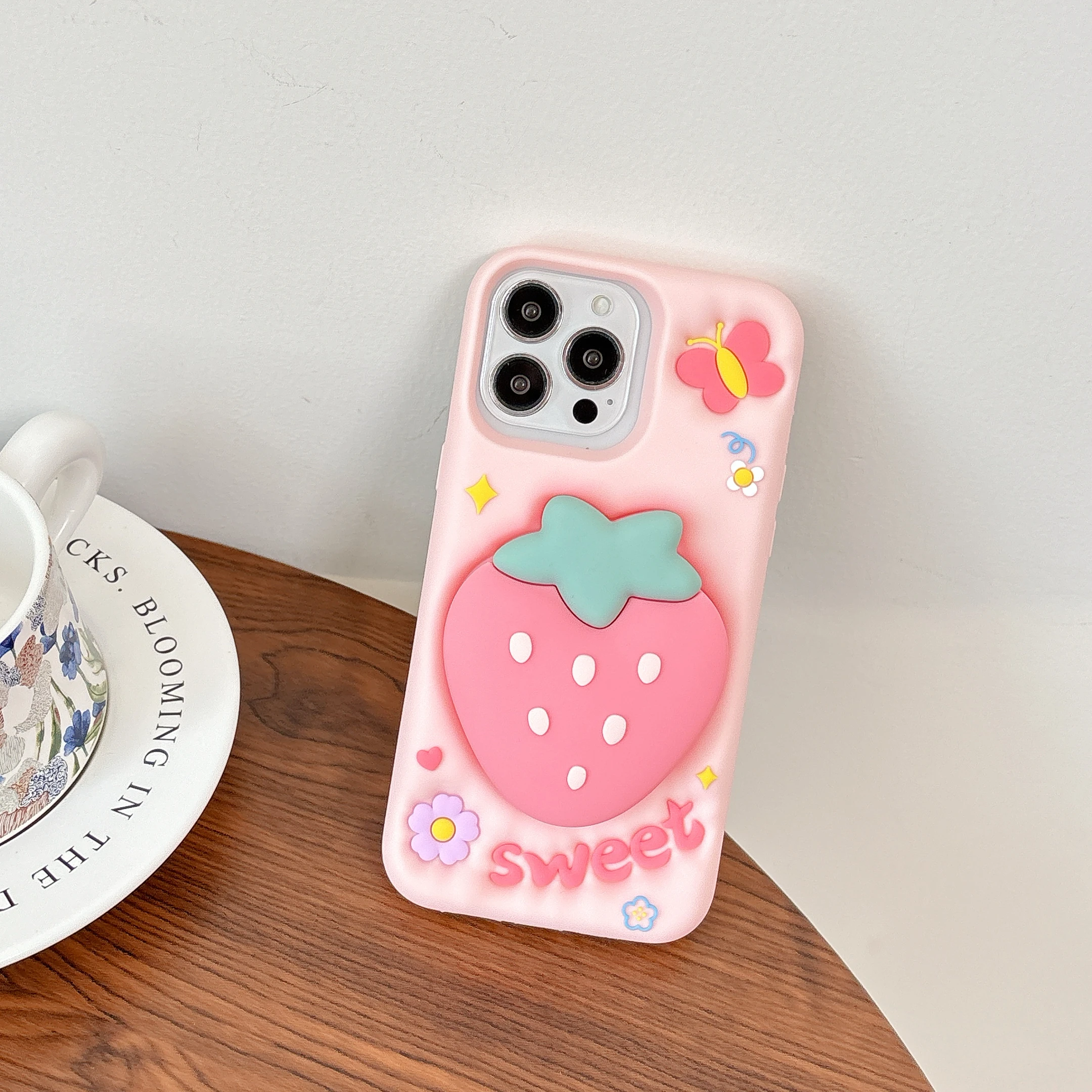 

Pink Sweet Strawberry Telescopic Bracket Kickstand Case – Flexible Soft Silicone Cover For iPhone 12/13/14/15/16/Pro/Max Protect