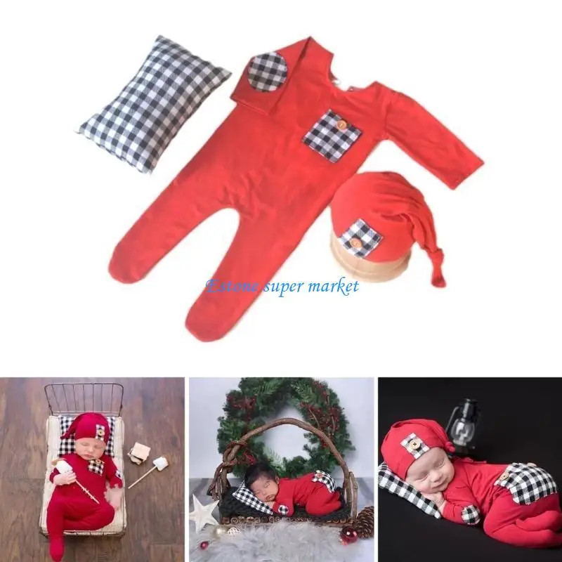 090B Baby Christmas Photo Costume Hat Long Romper Newborn Festival Photography Outfit