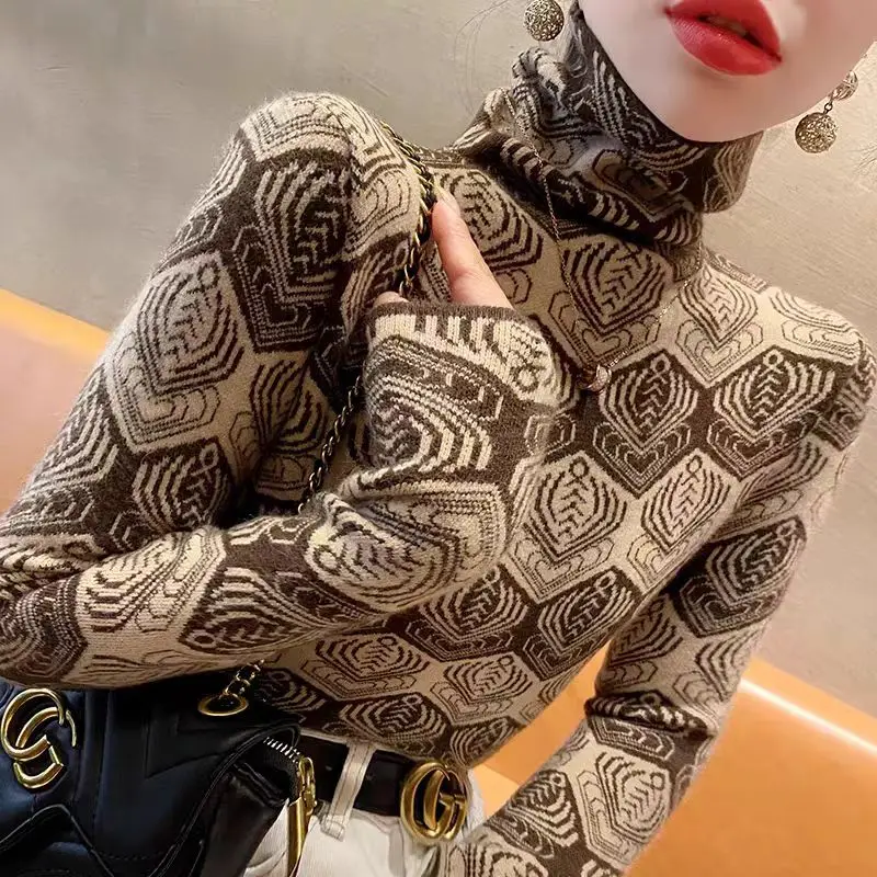 Women Clothing Vintage All-match Long Sleeve Turtleneck Sweaters Autumn Winter Fashion Geometric Slim Pullovers Lady Y2k Tops