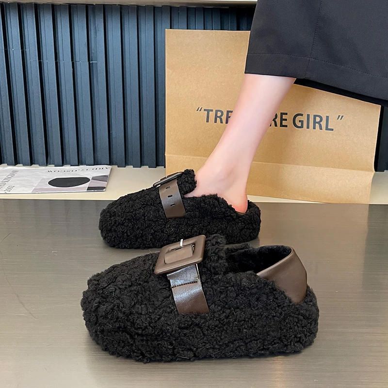 Winter Women House Slippers Faux Fur Fashion Warm Shoes Slip On Flats Female Slides Black apricot Dark brown Home Furry Slippers