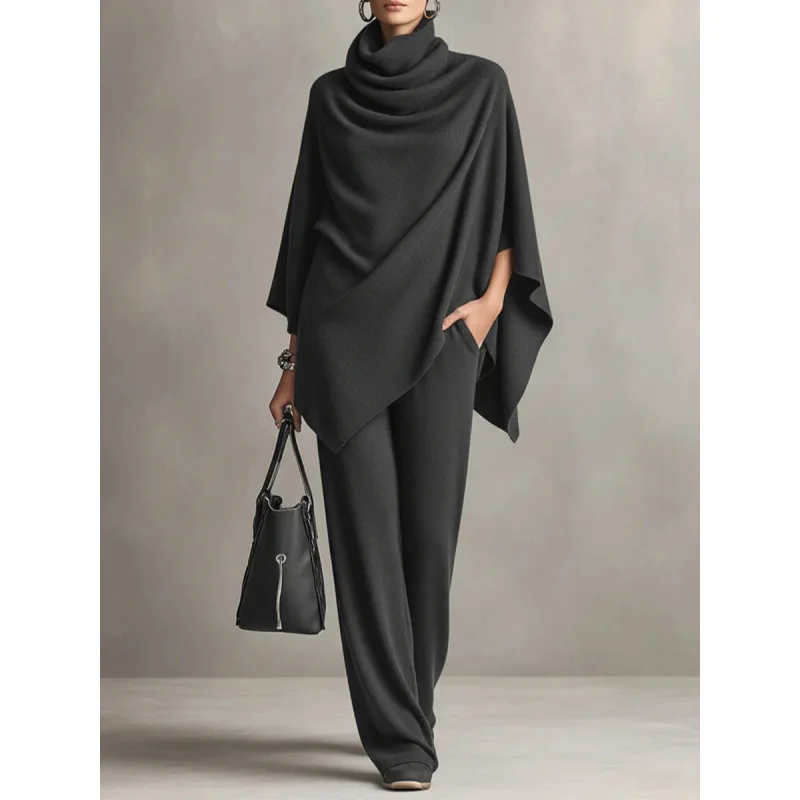 

2026 New Women Autumn Winter Turtleneck Cloak Cape Top Wide Leg Pants Fashion Elegant Casual Two Piece Set