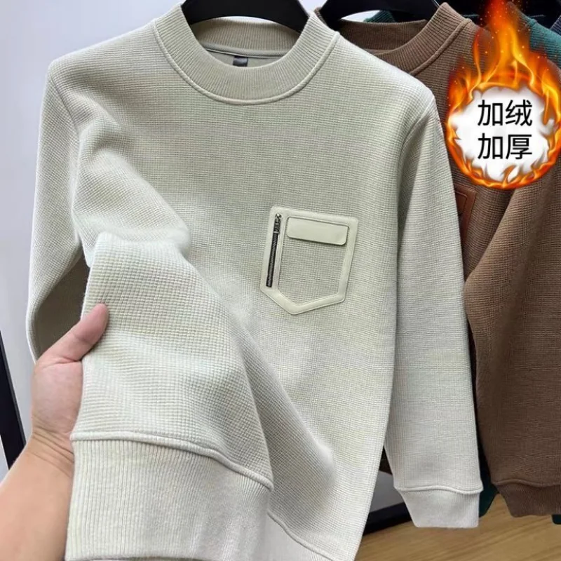 Autumn Winter Men Trendy Vintage Simple Fleece Warm Sweatshirt Y2K Casual StreetwearHoodie Solid Long Sleeve Loose Pullover Tops