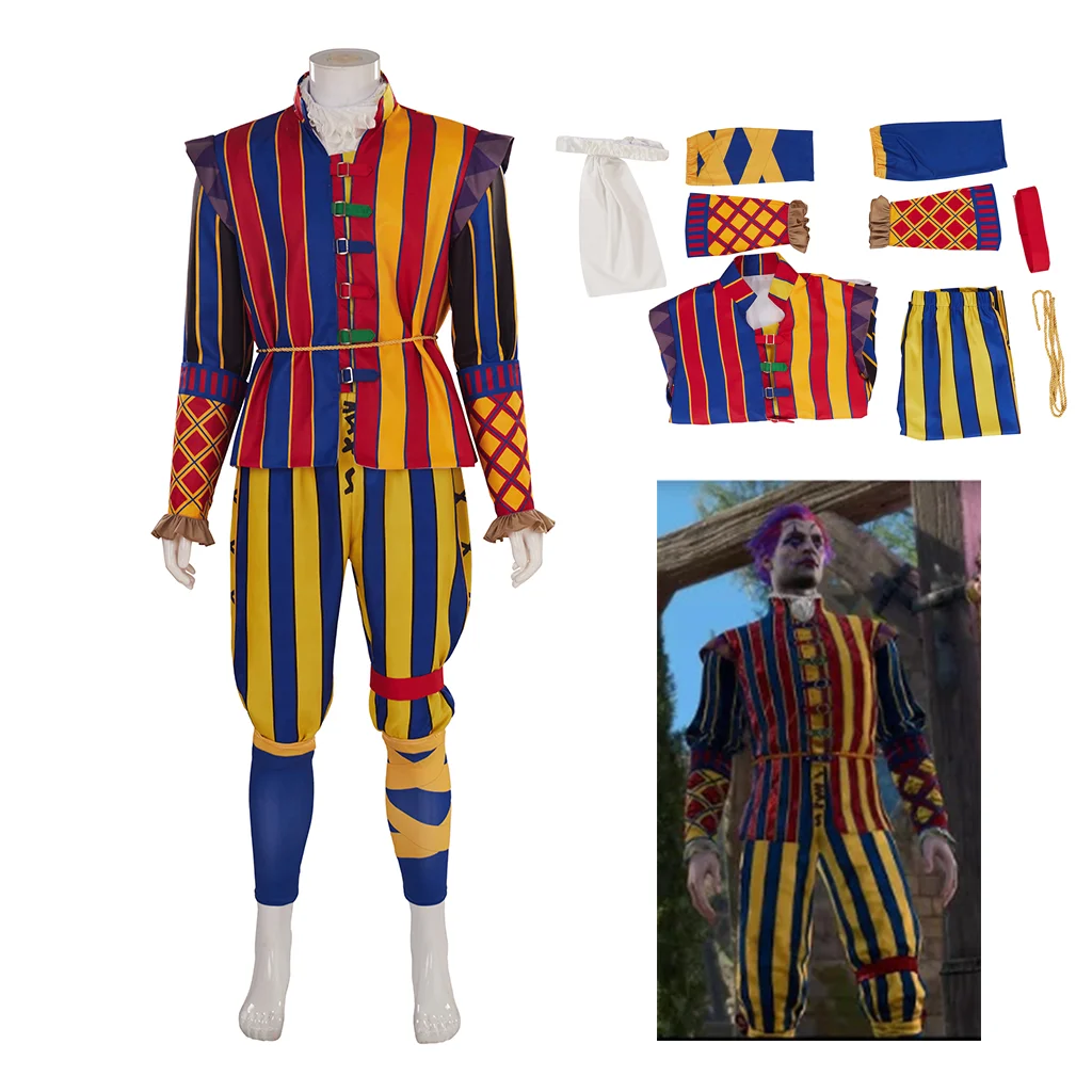 

Game Gate 3 Cosplay Circus Clown Fancy Striped Suit Halloween Carnival Night Costume Adult Men's Costume