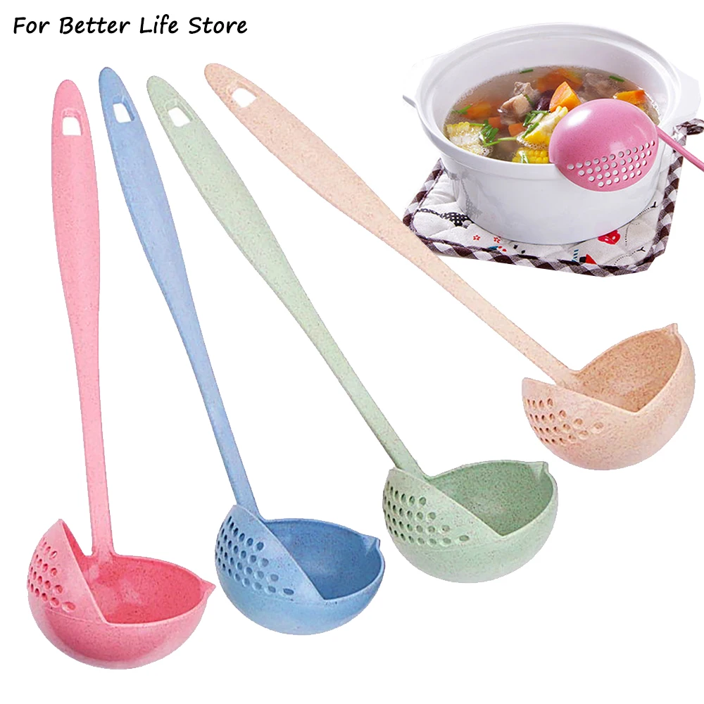 1PC 40G PlAastic 2 In 1 Long Handle Spoon Soup Vegetable Strainer Kitchen Accessories Thermostability Hanging Storage Washable