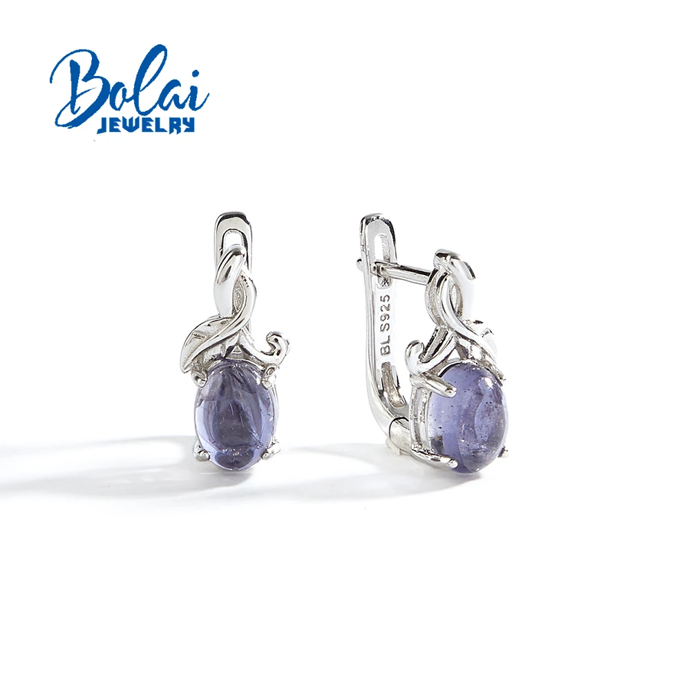 

925 Sterling Silver Tree Leaves Design Earrings Natural Iolite oval6*8mm gemstones Exquisite fine jewelry for party banquet wear
