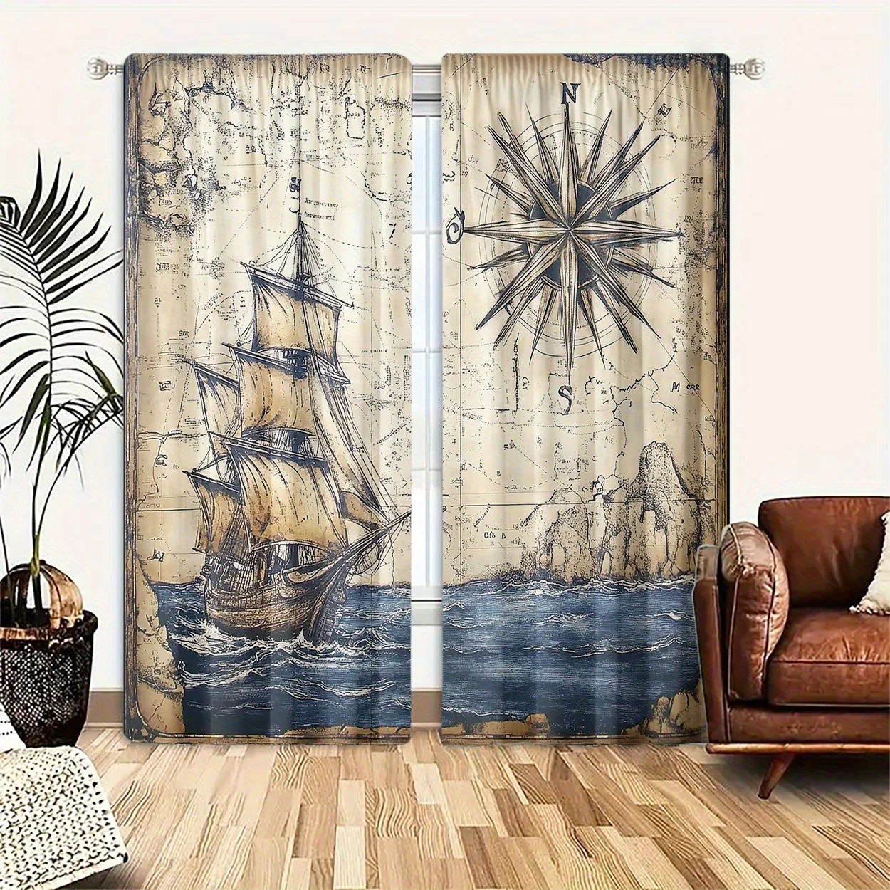 Retro Antique Sea Chart Theme Curtain 2 Panels Classic Tall Ship Wind Rose Cliff Wave Base Living Room Curtain Old Nautical Home