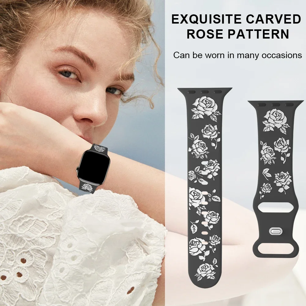 Silicone Strap For Apple Watch Band Ultra 49mm 46mm 42mm 45mm 44mm 41mm Rose Carving Sports Bracelets for iWatch 10 9 8 7 6 5 SE - view 4