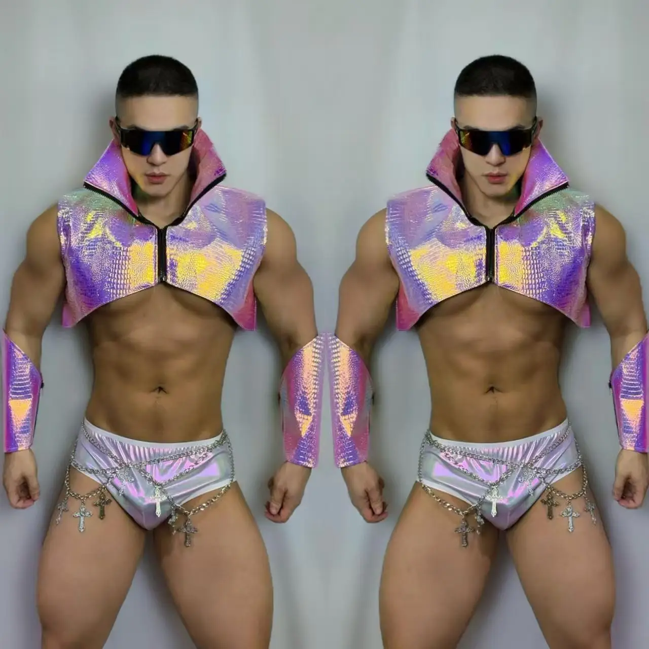 Sexy boate bar dj gogo dançarino palco traje armadura de ouro shorts correntes cintura rave outfit equipe festa mostrar desempenho roupas