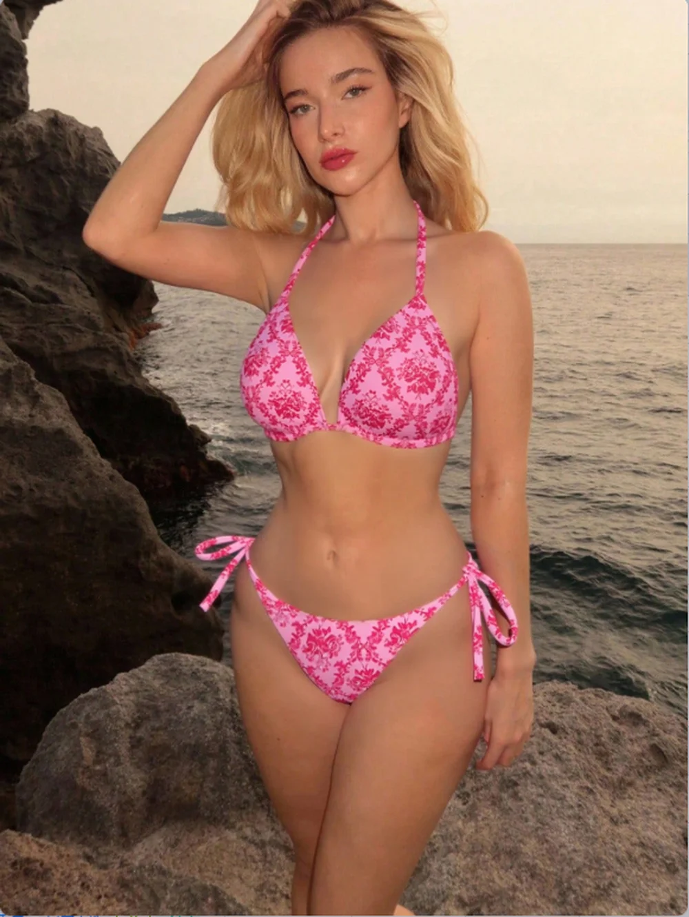 

Женский комплект бикини из двух частей в тропическом стиле, купальник-бикини с треугольными чашечками на завязках, сексуальный купальник в богемном стиле
