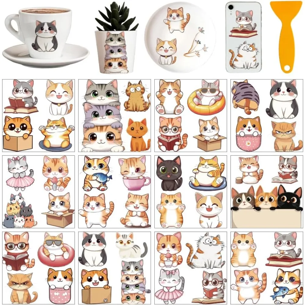 12 Sheets 12 Style PVC Stickers Heat Transfer Film for Window Decoration Cat Shape 140x140mm 1 sheet/style
