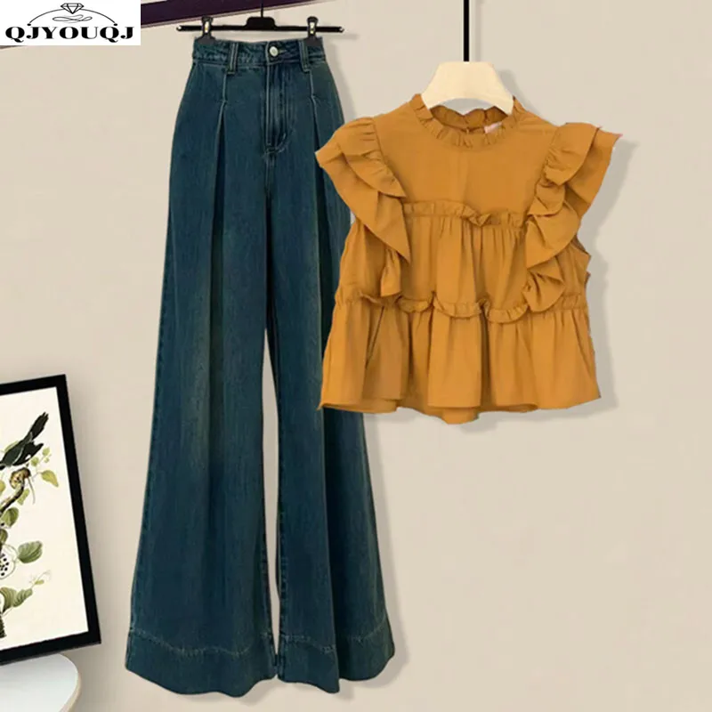 

Summer Gentle Style Wear a Complete Set of Women's 2024 New Korean Casual Fashion Top and Jeans Two Piece Set