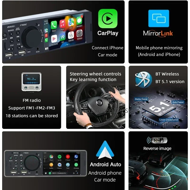 1 Din 4" CarPlay Car Radio Bluetooth Android-Auto MP5 Player Handfree A2DP USB Stereo Audio System Multimedia Head Unit