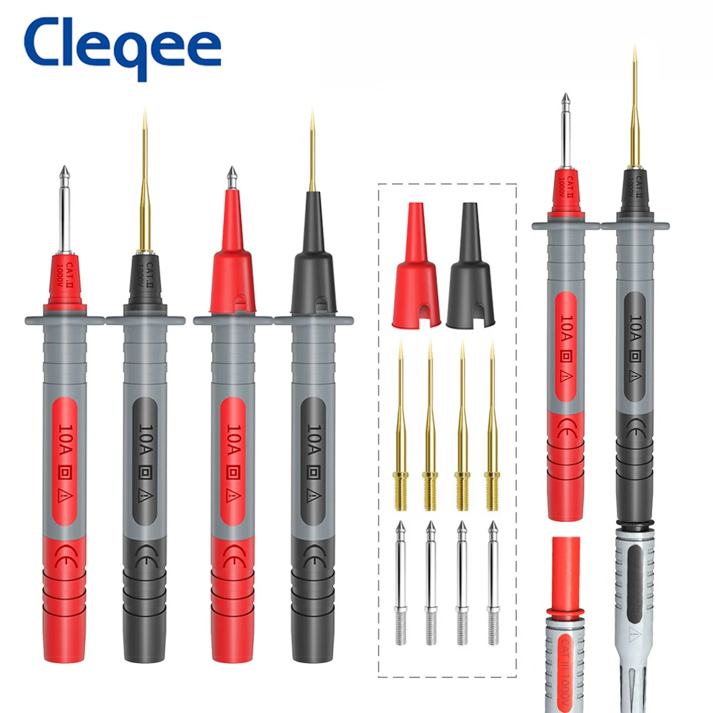 Cleqee-P1200B Teste Multímetro Leva Kits, Sondas Piercing, Cabo Banana Plug com Gancho de Perfuração, Substituível, Banhado a Ouro, 4mm