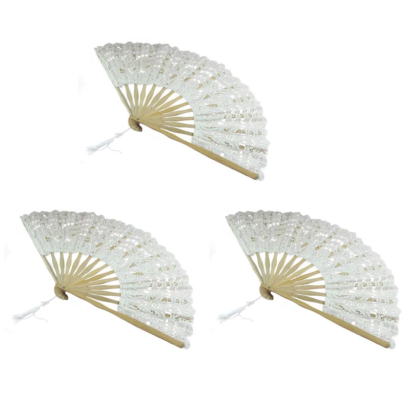 

Акция! 3X складной ручной веер из хлопка и кружева ручной работы для вечерние свадебные украшения (бежевый)