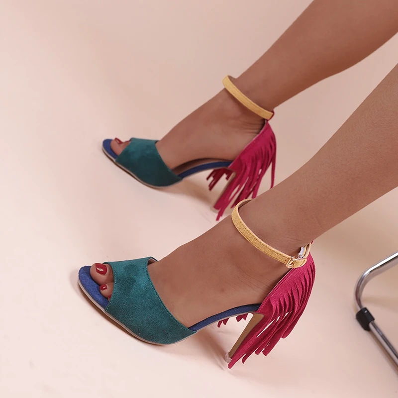 Tassel Buckle Casual Style Shoes Summer Women Sandals High Heel Colorblock Fish Mouth  SandáLias Femininas mary jane shoes