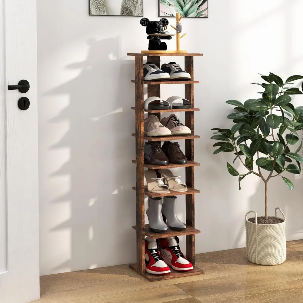 

8 Tier Vertical Narrow Wooden Corner Shoe Organizer for Small Spaces, Removable Shelves, Anti-toppling Device, for Entryway