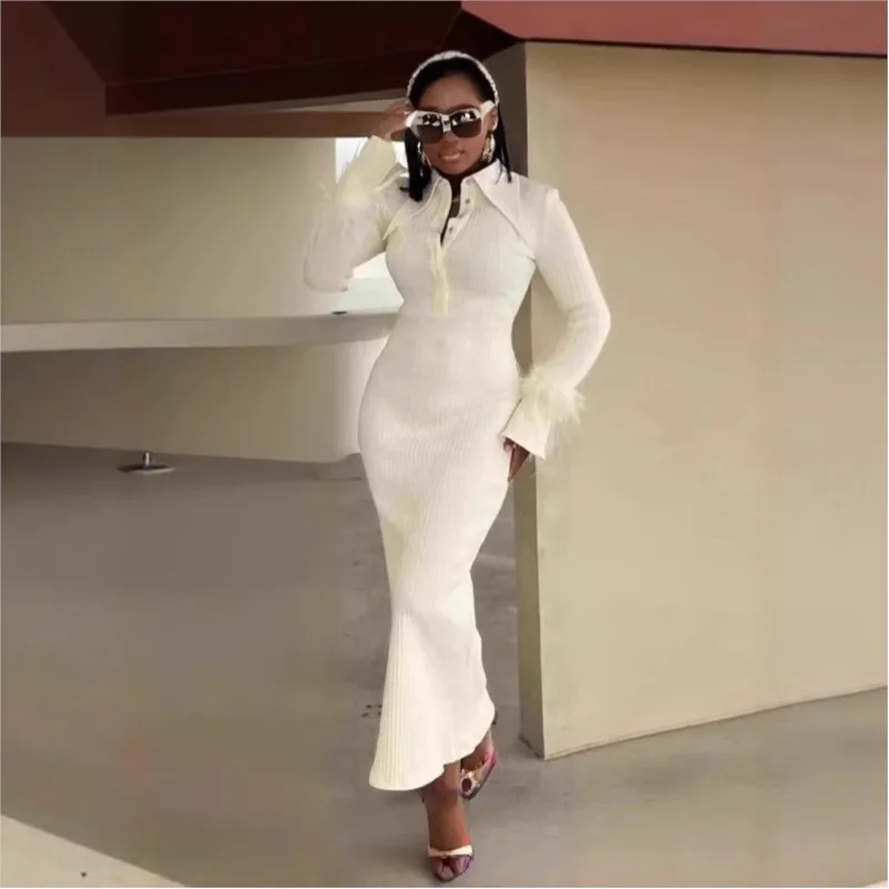 

Fashionable Single Breasted Long Dress Solid Color Knitted Long Sleeved Feather Autumn Winter Lapel Slim Dress Women Ropa Mujer