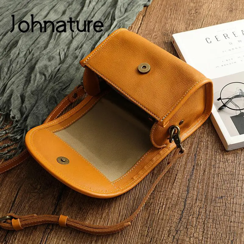 Johnature Genuine Leather Retro Small Bag Women 2024 New Soft Real Cowhide Simple Solid Color Shoulder & Crossbody Bags