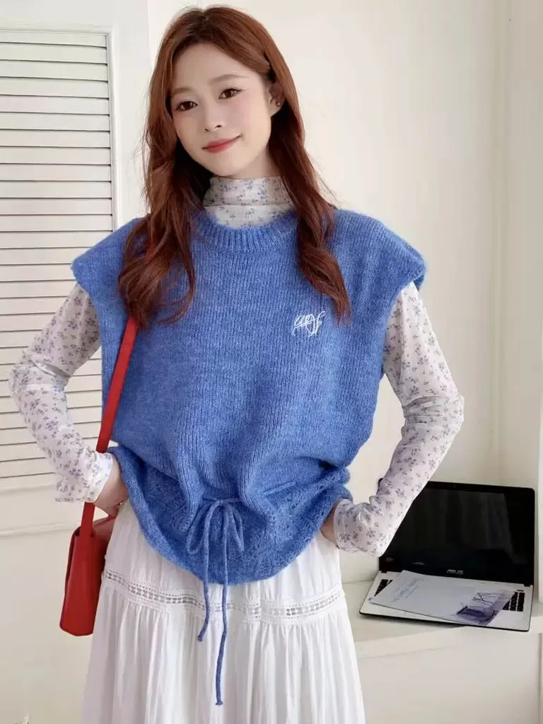 Korean Style Blue Drawstring Knitted Vest Floral Print Base Layer Women's Spring Fashion High Waist  Skirt Set Three Pieces