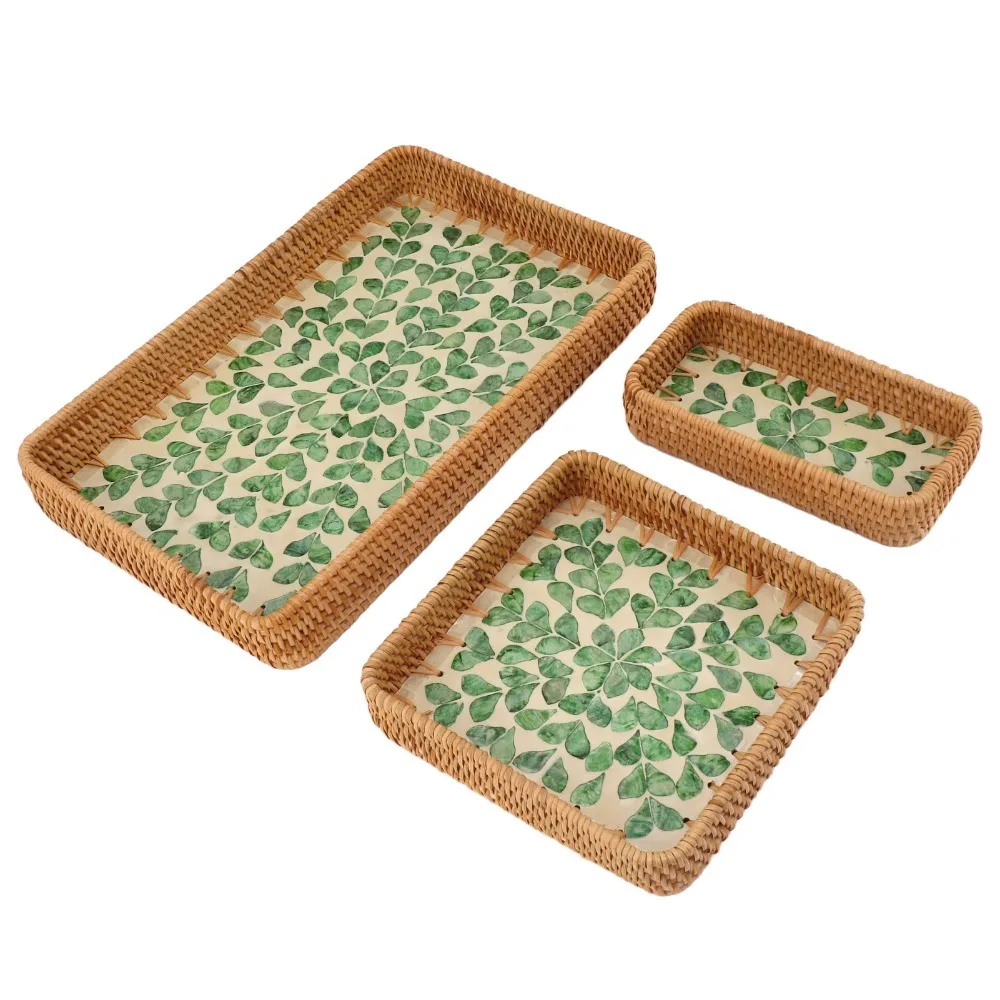 3Pcs Plant fiber Serving Tray Woven Texture Breathable Structure Storage Basket Sturdy Flat Tray Catchall Organizer