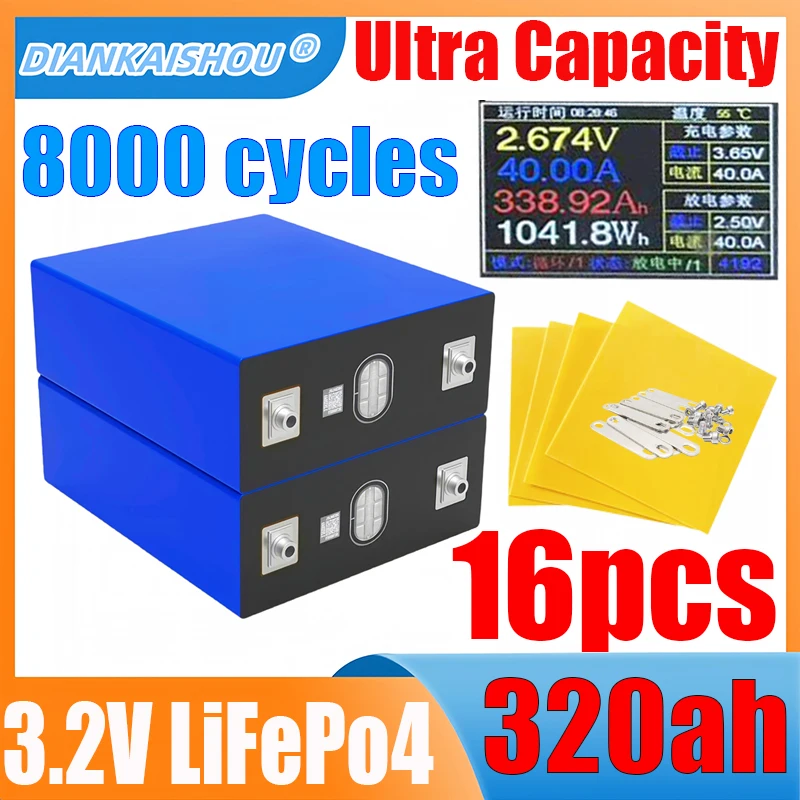 

16pcs 3.2V LiFePo4 320AH 340ah DIY 48V 8000 cycles A-class RV solar system lithium iron phosphate LiFePo4 rechargeable battery