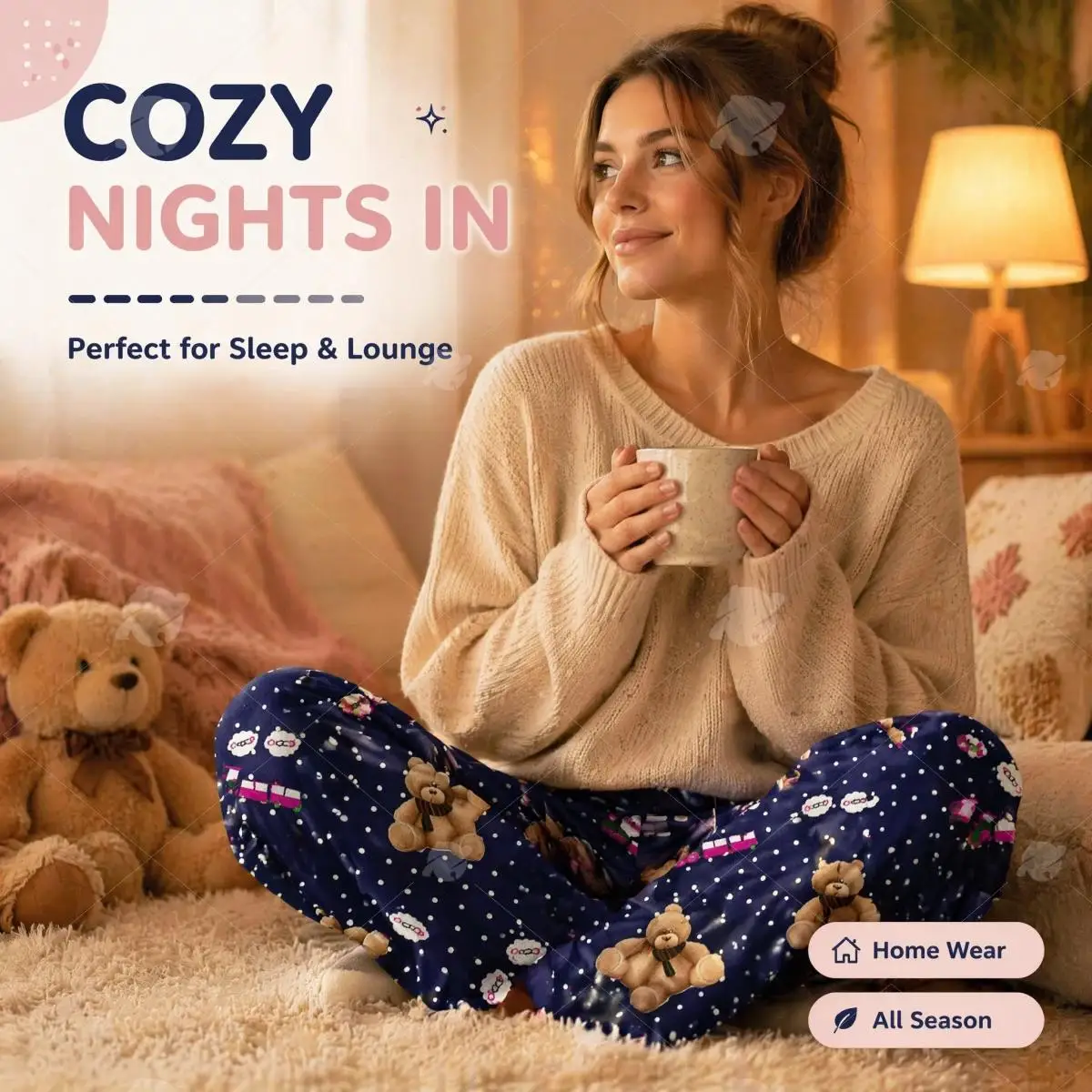 RUMI Same Style Pajama Pants, Bear & Choo-Choo Train Print Straight-Leg Trousers with Pockets, 160g Milk Silk Fabric